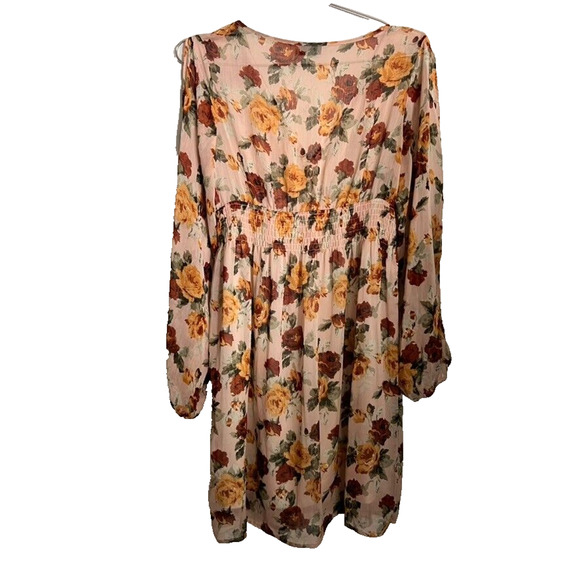 Rue21 Dress Womens Medium Yellow Cream Floral Long Sleeve Split Smock Waist - Picture 2 of 11